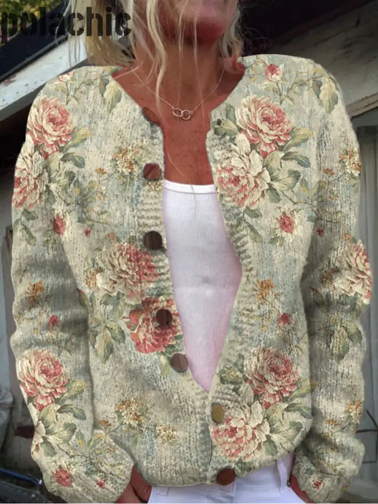 Élégant Rétro Boho Imprimé Floral Boutonné Décontracté À Manches Longues Cardigan Pull A / S