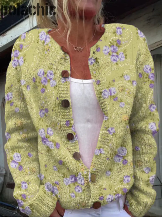 Élégant Rétro Boho Imprimé Floral Boutonné Décontracté À Manches Longues Cardigan Pull A / S