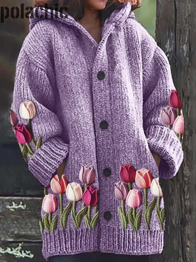 Élégant Rétro Imprimé Floral Boutonné À Manches Longues Épais Capuche Cardigan Pull En Tricot A / S