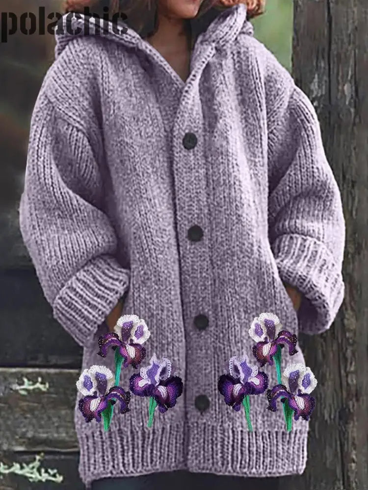 Élégant Rétro Imprimé Floral Boutonné À Manches Longues Épais Capuche Cardigan Pull En Tricot A / S