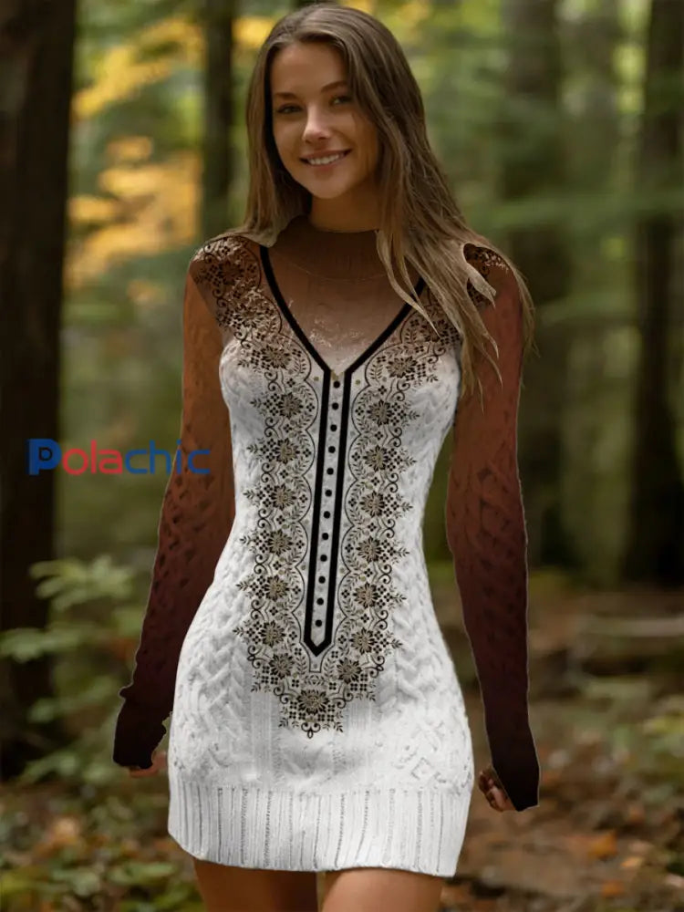 Élégant Sheer-Sleeve Floral Knit Robe Femme Multicolore / S