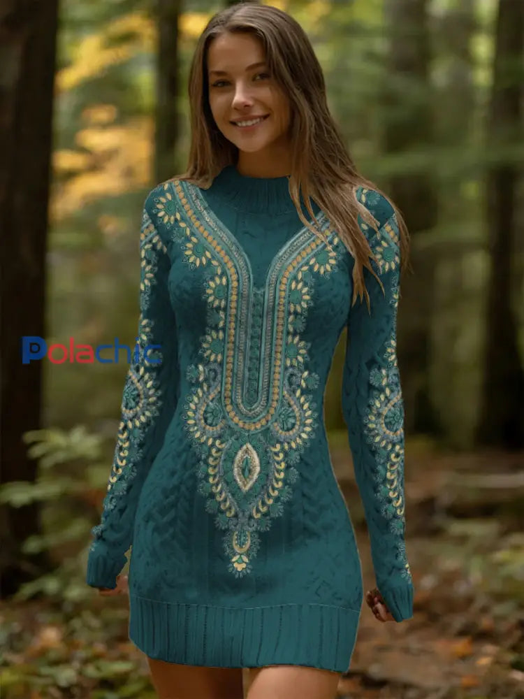 Élégant Teal Floral Motif Torsadé Robe Femme Multicolore / S