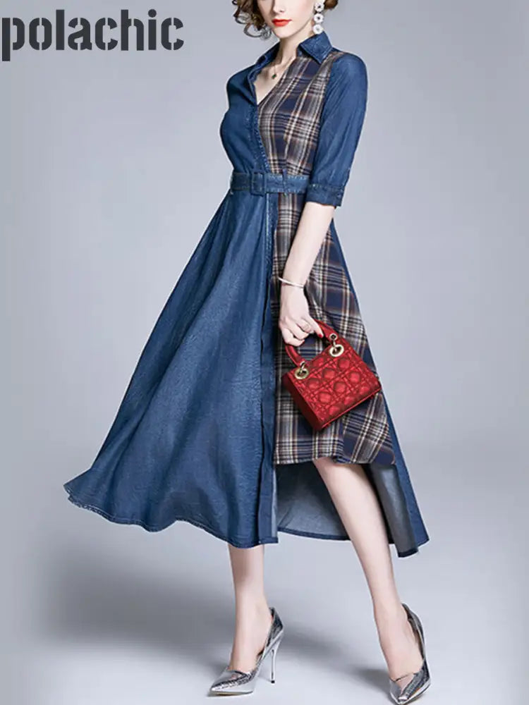 Élégant Tencel Denim Plaid Patchwork Ceinture Mi-Manches Maxi Dress