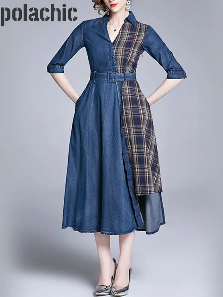 Élégant Tencel Denim Plaid Patchwork Ceinture Mi-Manches Maxi Dress