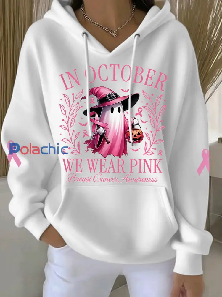 En Octobre des femmes nous portons rose Halloween rose Ghost Print cancer du sein Sensibilisation Hoodie Blanc / S
