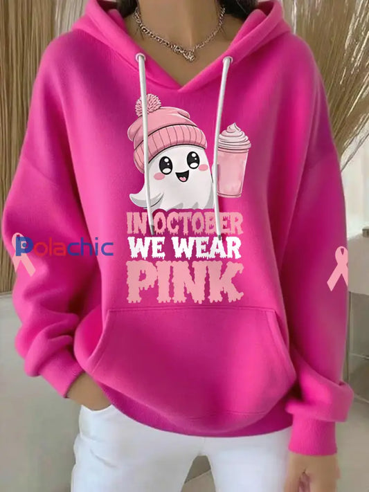 En Octobre des femmes nous portons rose Halloween rose Ghost Print cancer du sein Sensibilisation Hoodie Rose Rouge / S