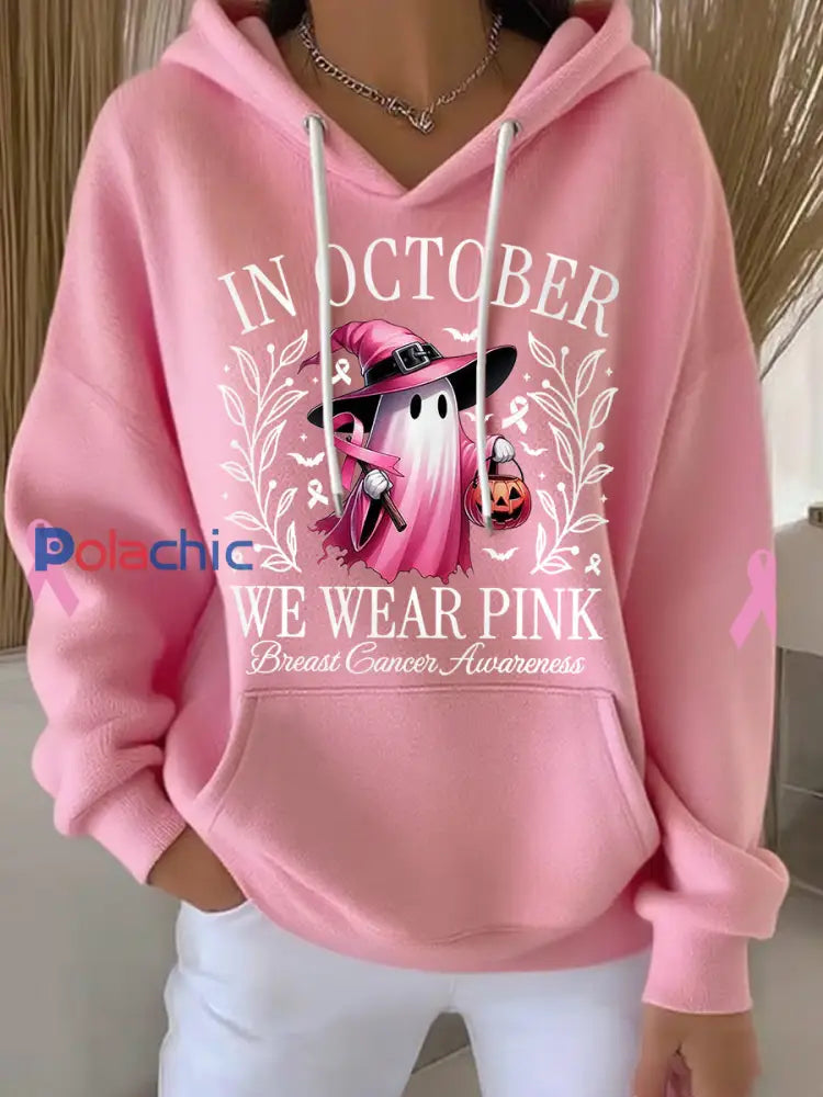 En Octobre des femmes nous portons rose Halloween rose Ghost Print cancer du sein Sensibilisation Hoodie Rose / S