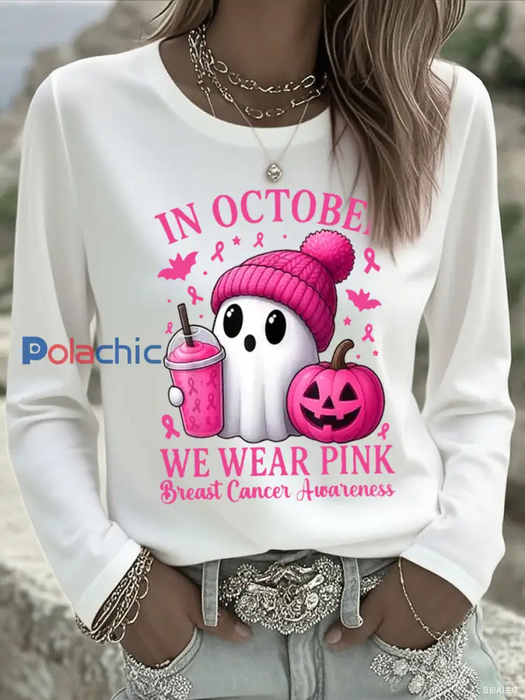En octobre nous portons des femmes rose cancer du sein sensibilisation T-shirt à manches longues Blanc / S