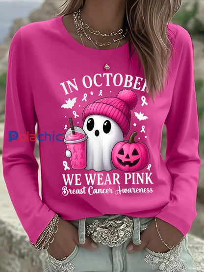 En octobre nous portons des femmes rose cancer du sein sensibilisation T-shirt à manches longues Rose Rouge / S