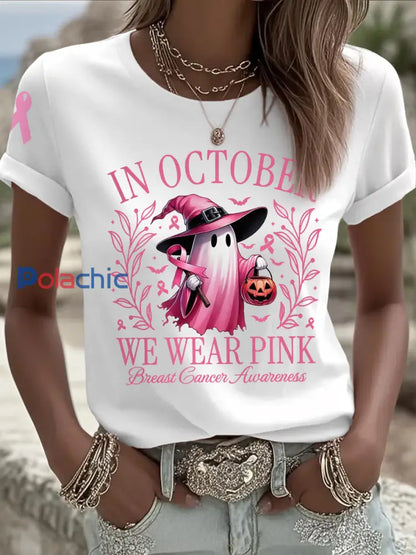 En octobre nous portons des femmes rose Halloween rose Ghost Print Breast Cancer Awareness Support Tee Blanc / S