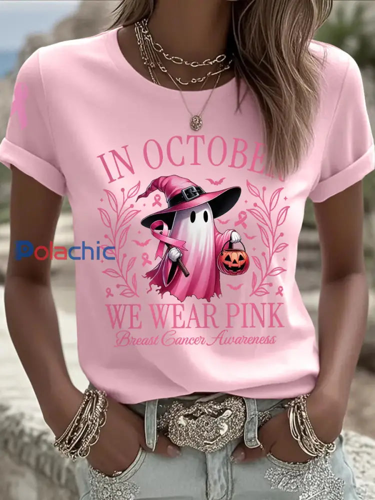 En octobre nous portons des femmes rose Halloween rose Ghost Print Breast Cancer Awareness Support Tee Rose Clair / S