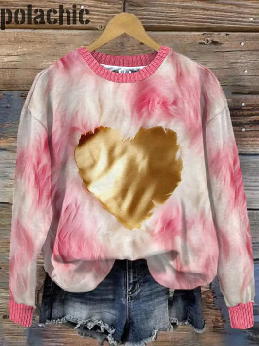 En Peluche Feuille D’or Amour Coeur Imprimé Col Rond Pull Lâche À Manches Longues Sweat A / S