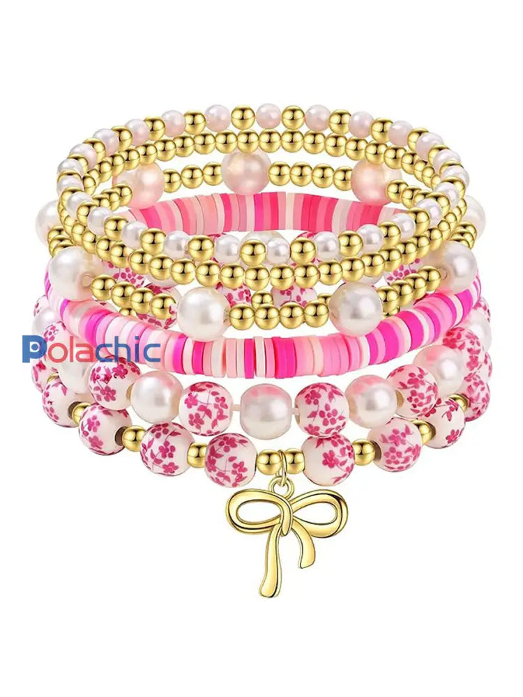 Ensemble de bracelet en ruban bleu et rose en porcelaine pour femmes (Ensemble de 6) Rose / ONE