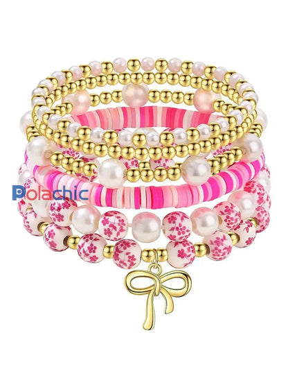 Ensemble de bracelet en ruban bleu et rose en porcelaine pour femmes (Ensemble de 6) Rose / ONE