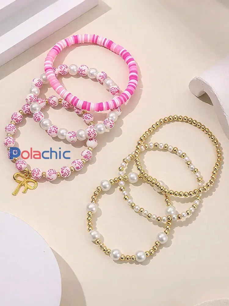 Ensemble de bracelet en ruban bleu et rose en porcelaine pour femmes (Ensemble de 6) Rose / ONE