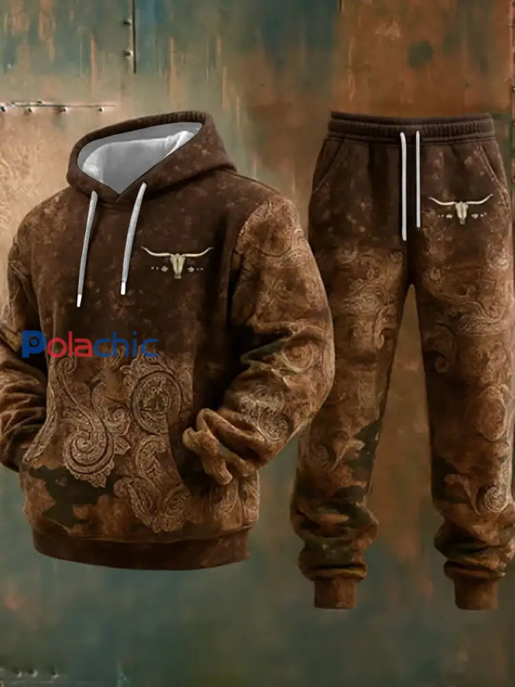 Ensemble de pantalons à capuche décontractés pour hommes style occidental Bull Art Print Marron / S