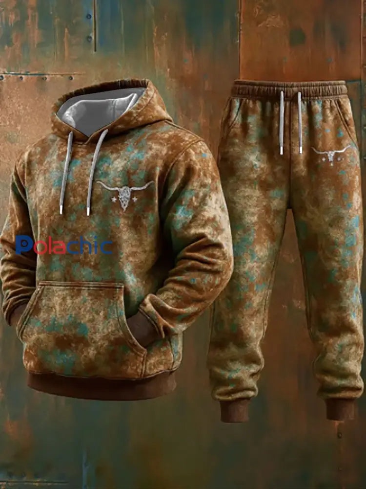 Ensemble de pantalons à capuche décontractés pour hommes style occidental Bull Art Print Marron / S