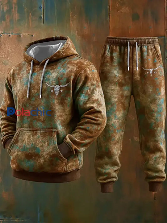 Ensemble de pantalons à capuche décontractés pour hommes style occidental Bull Art Print Marron / S