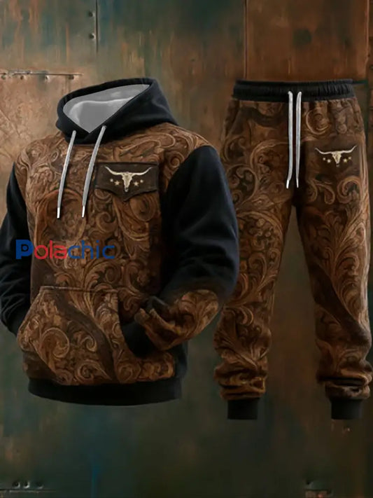 Ensemble de pantalons à capuche décontractés pour hommes style occidental Bull Art Print Marron / S