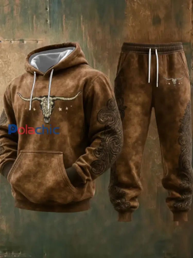 Ensemble de pantalons à capuche décontractés pour hommes style occidental Bull Art Print Marron / S