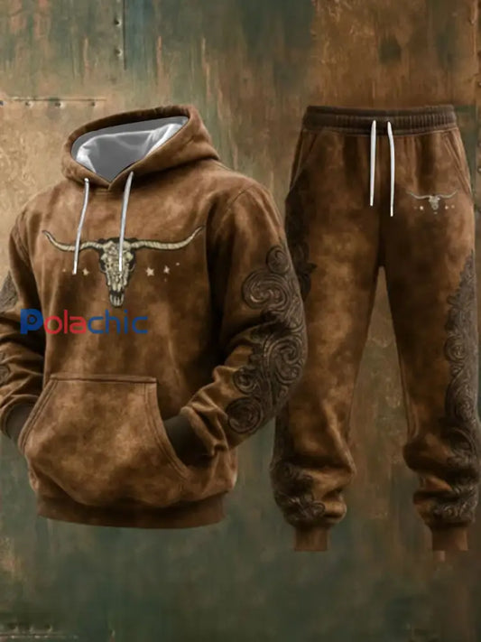 Ensemble de pantalons à capuche décontractés pour hommes style occidental Bull Art Print Marron / S