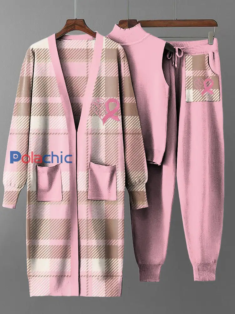 Ensemble de trois pièces en tricot à carreaux rose vintage pour femmes Multicolore / S