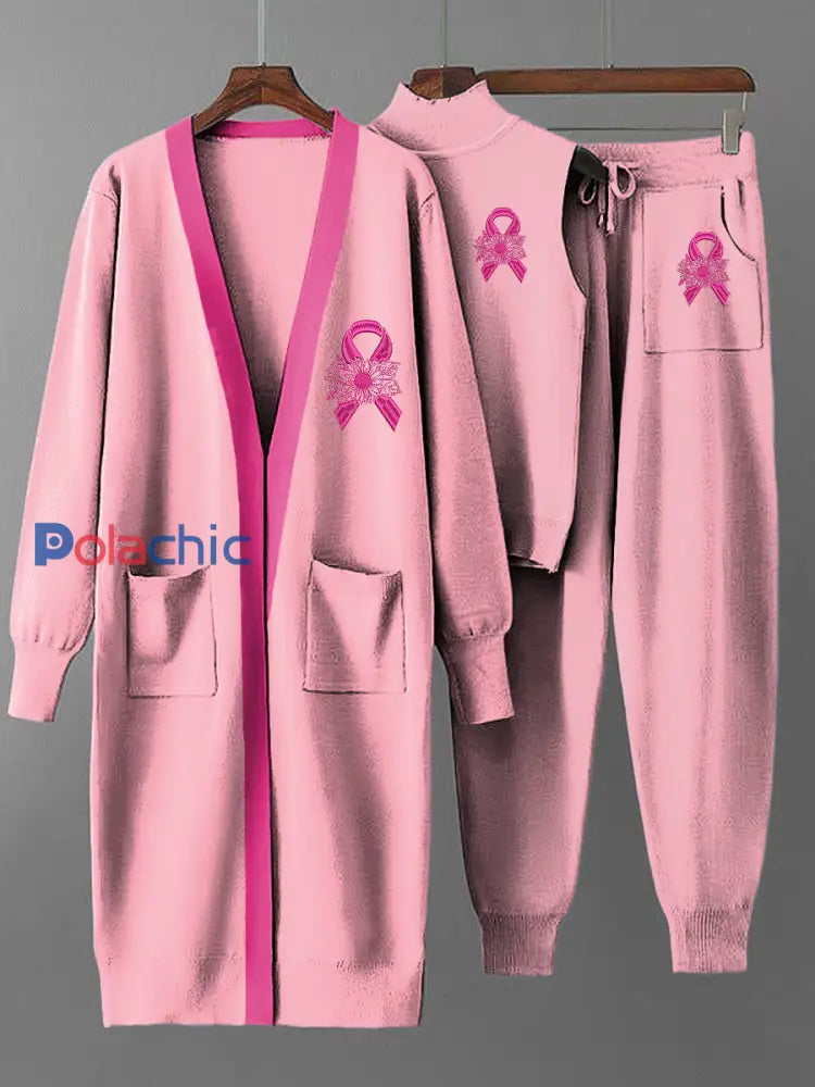 Ensemble de trois pièces en tricot avec manteau long ruban rose vintage pour femme Multicolore / S