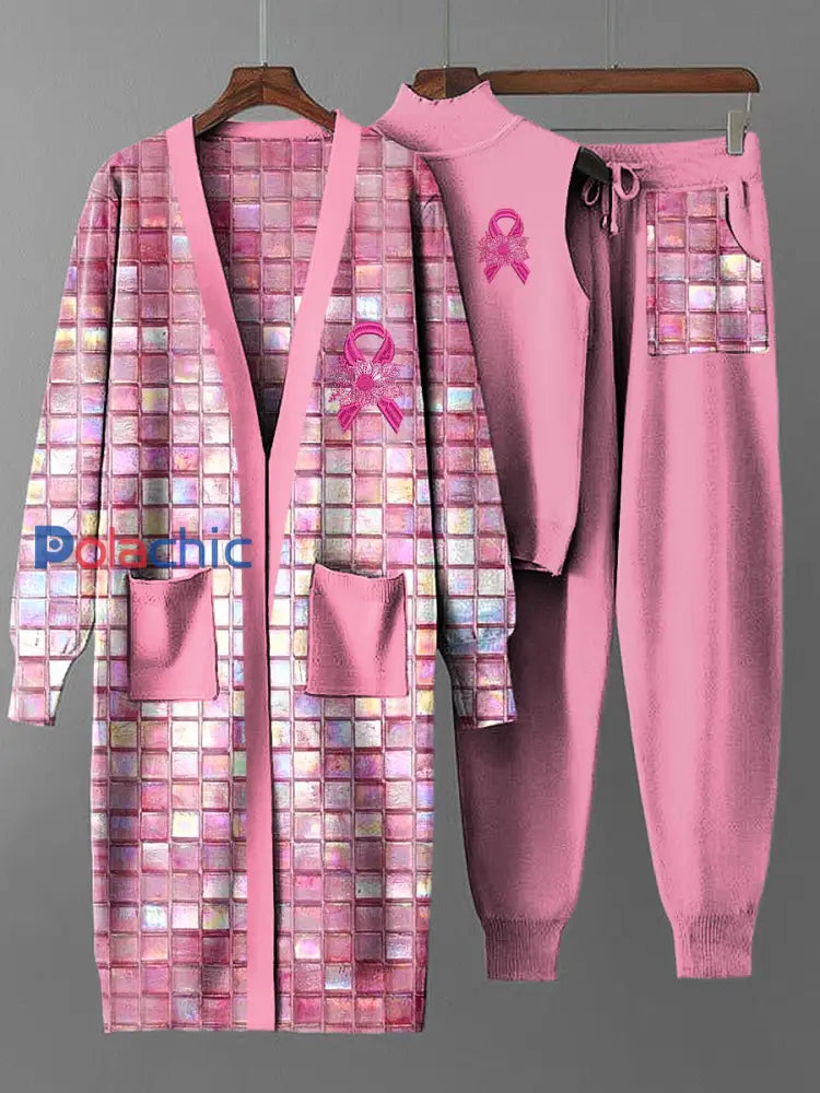 Ensemble de trois pièces en tricot pour femmes avec ruban de cancer du sein vintage Multicolore / S