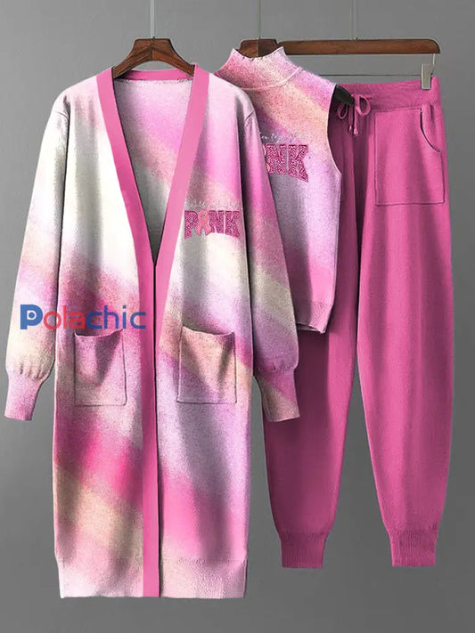 Ensemble de trois pièces en tricot pour femmes manteau rayé dégradé rose vintage Multicolore / S