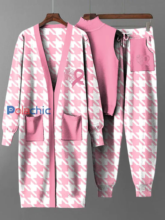 Ensemble de trois pièces en tricot pour femmes Vintage Breast Cancer Houndstooth Long Coat Multicolore / S