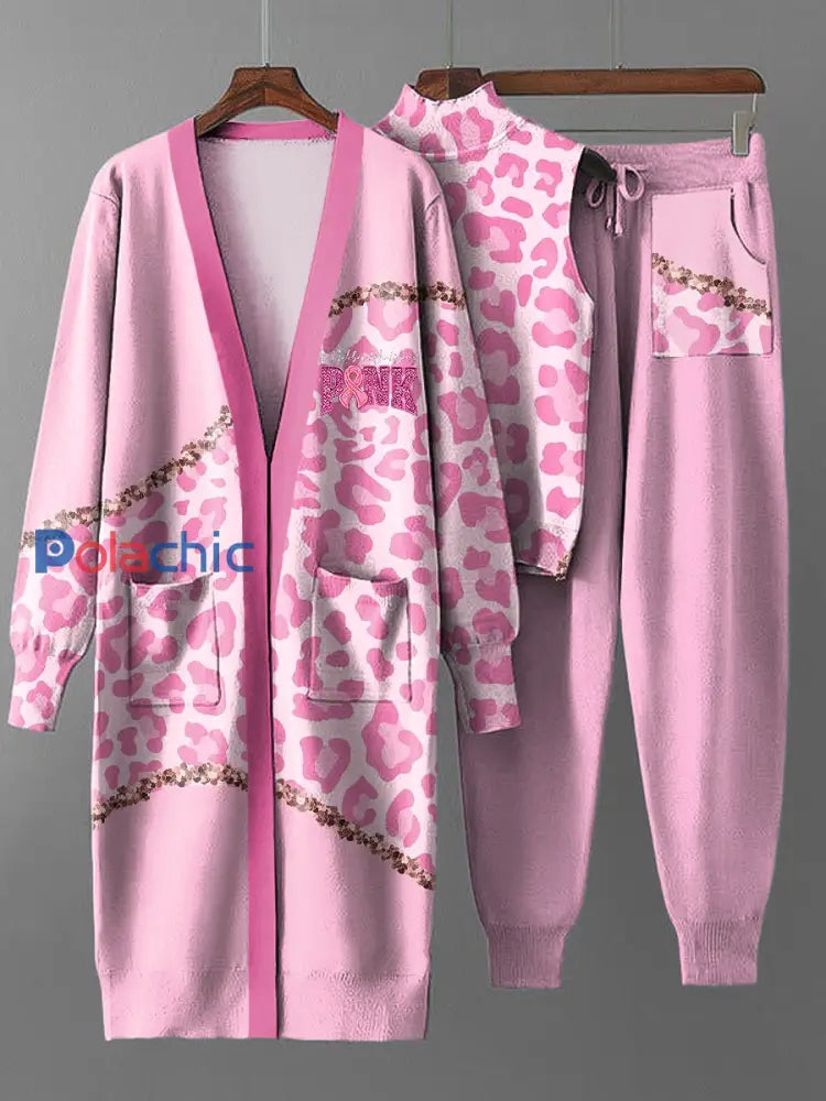 Ensemble de trois pièces en tricot pour femmes Vintage Pink Leopard Print Coat Multicolore / S