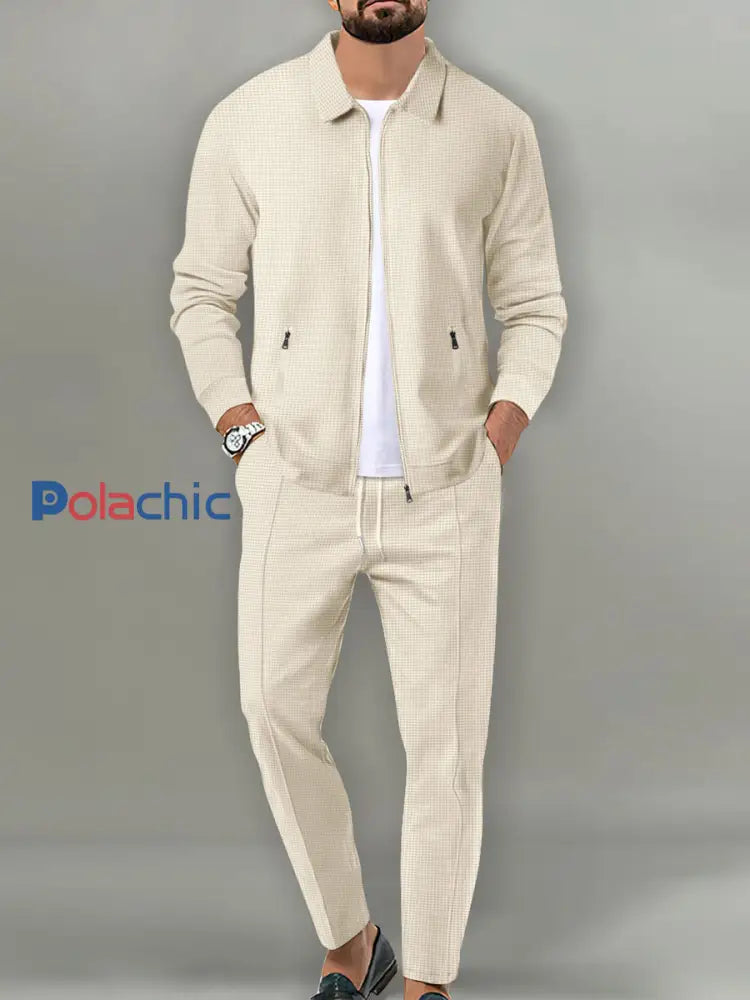 Ensemble de veste slim-fit à revers pour homme Vintage Waffle-Weave avec poche zippée Abricot / S