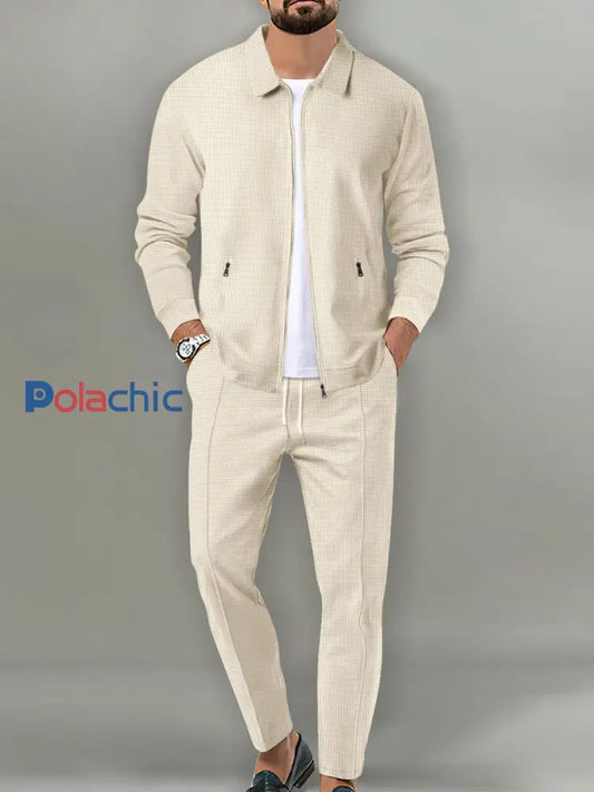 Ensemble de veste slim-fit à revers pour homme Vintage Waffle-Weave avec poche zippée Abricot / S