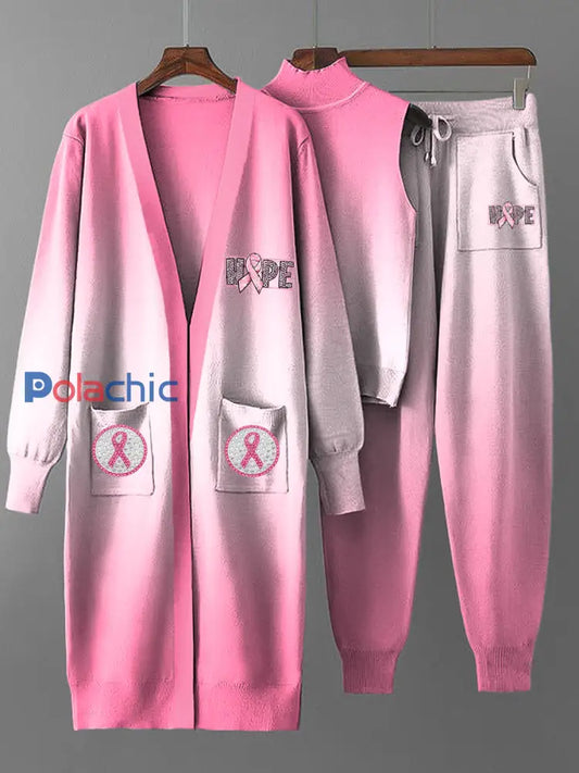 Ensemble Trois Pièces En Tricot De Manteau Dégradé De Ruban Rose Vintage Pour Femme Multicolore / S