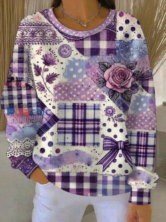 Femme Alzheimer’s Awareness Violet Floral Patchwork Côtelé Col Rond Sweatshirt comme image / S