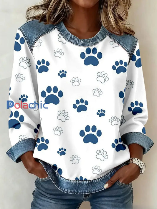 Femme Bleu Patte Imprimer Denim Patchwork Sweatshirt comme image / S