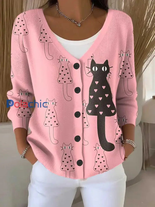 Femme CAT Sensibilisation au cancer du sein Imprimer boutonné V cou Cardigan Pull Rose / S