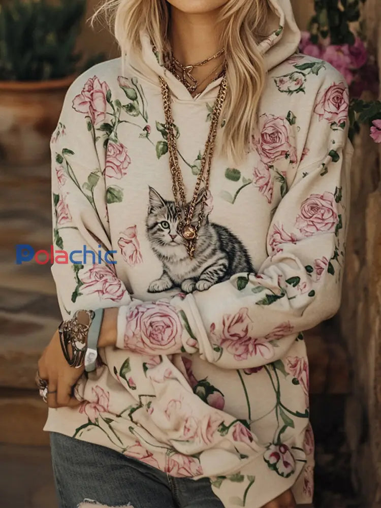 Femme Chat Floral Hoodies comme image / S