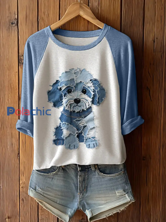 Femme Chien Mignon Patchwork Art Manches Longues T-Shirto Bleu Clair / S