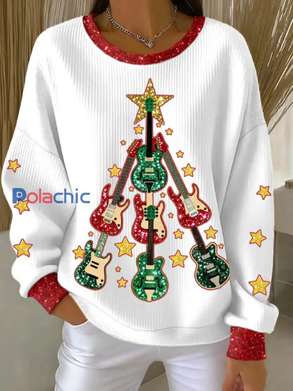 Femme Guitare Arbre de Noël Art Imprimer Côtelé Col Rond Sweatshirt Blanc / S