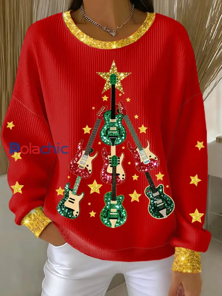Femme Guitare Arbre de Noël Art Imprimer Côtelé Col Rond Sweatshirt Rouge / S