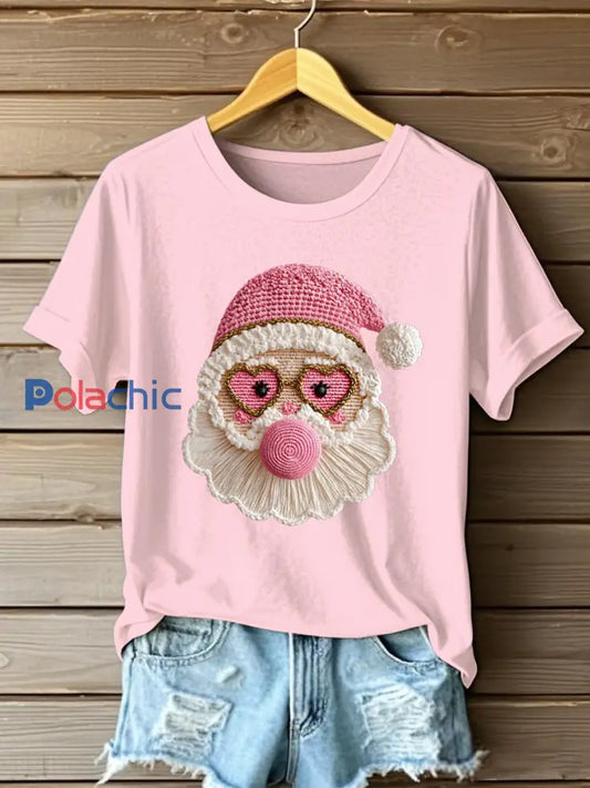 Femme Joyeux Noël Rétro Fil Crochet Père Noël Rose Santa Soufflant Bubble-Gum T-Shirt Rose / S