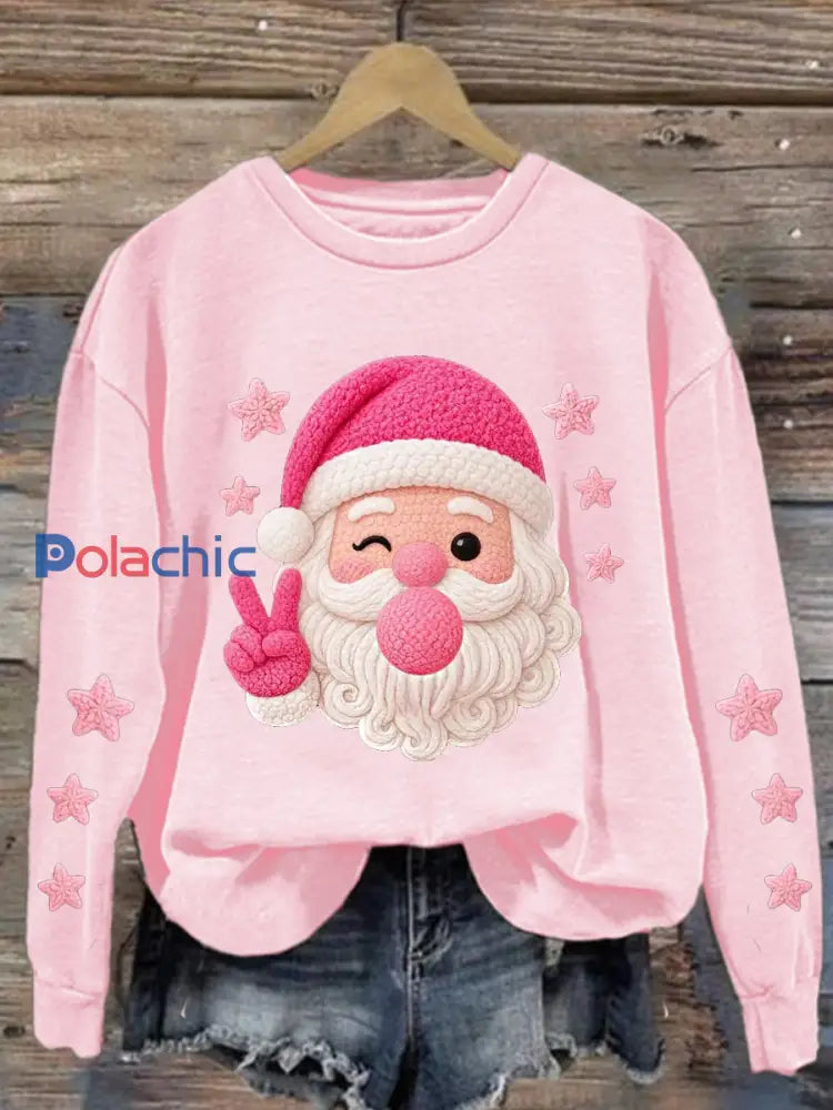 Femme Joyeux Noël Rétro Fil Crochet Père Noël Rose Père Noël Soufflant Bubble Gum sweat Rose / S