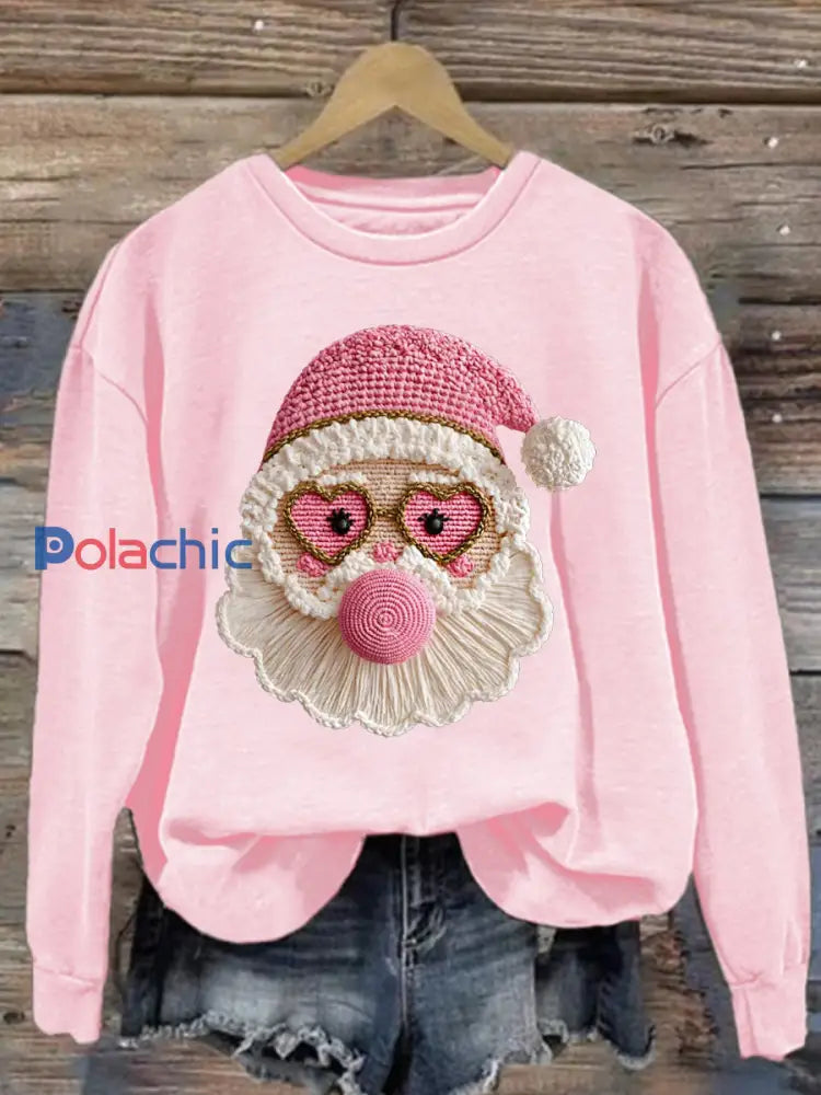 Femme Joyeux Noël Rétro Fil Crochet Père Noël Rose Père Noël Soufflant Bulle Gum Sweatshirt Rose / S