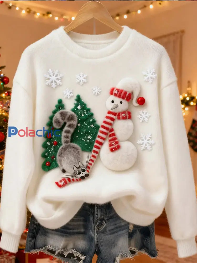 Femme Mignon Noël Chat Bonhomme De Neige Art Imprimé Flanelle Décontractée Blanc / S
