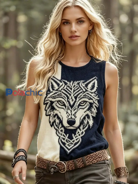 Femme Retro Viking Wolf Celtic Knot Tree Of Life Crew Neck Débardeur Noir / S