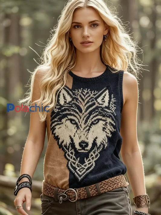 Femme Retro Viking Wolf Celtic Knot Tree Of Life Crew Neck Débardeur Noir / S