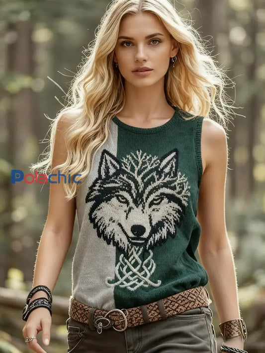 Femme Retro Viking Wolf Celtic Knot Tree Of Life Crew Neck Débardeur Vert / S