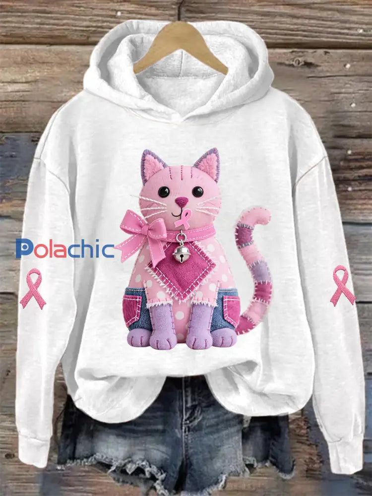 Femme Rose Chat Rose Ruban de Soutien de Sensibilisation au Cancer du Sein Sweatshirt blanc / S