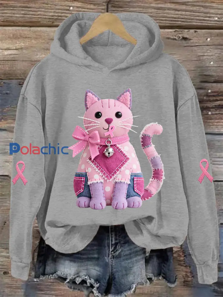 Femme Rose Chat Rose Ruban de Soutien de Sensibilisation au Cancer du Sein Sweatshirt gris clair / S